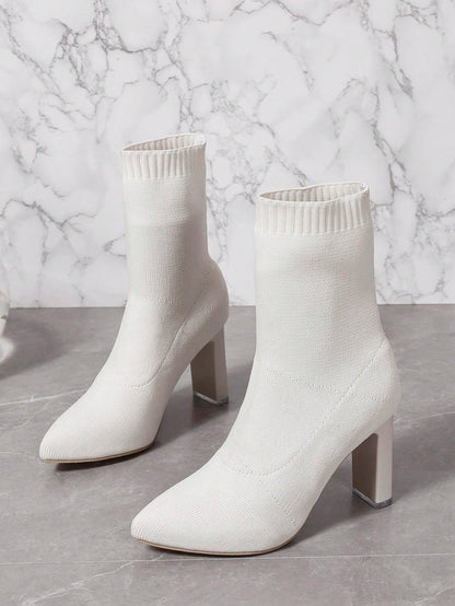 بوت أنيقة للخصر والكعب السميك للنساء ، بوت الكاحل ذات بوت الأصابع المدببة والكنزة المرنة مناسبة للخريف والشتاء ، أبيض/ لون أحادي