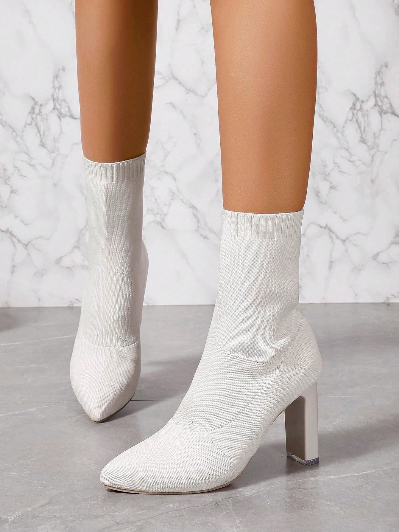 بوت أنيقة للخصر والكعب السميك للنساء ، بوت الكاحل ذات بوت الأصابع المدببة والكنزة المرنة مناسبة للخريف والشتاء ، أبيض/ لون أحادي