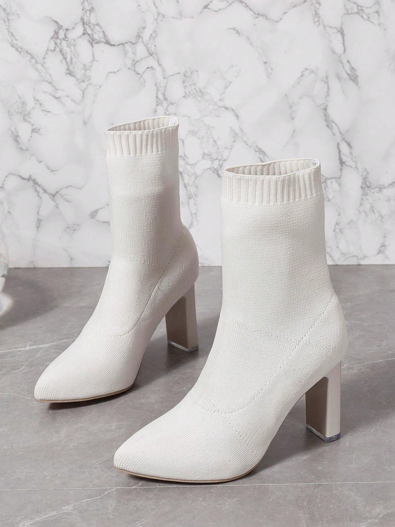 بوت أنيقة للخصر والكعب السميك للنساء ، بوت الكاحل ذات بوت الأصابع المدببة والكنزة المرنة مناسبة للخريف والشتاء ، أبيض/ لون أحادي
