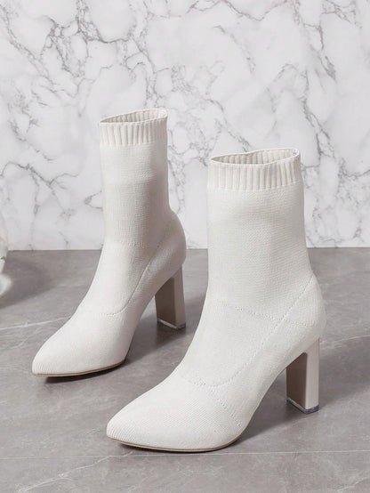 بوت أنيقة للخصر والكعب السميك للنساء ، بوت الكاحل ذات بوت الأصابع المدببة والكنزة المرنة مناسبة للخريف والشتاء ، أبيض/ لون أحادي