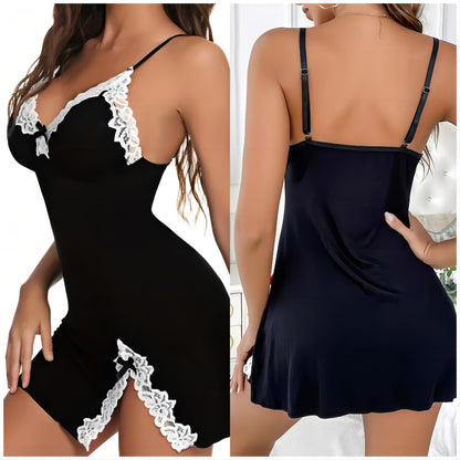 قميص نوم قصير بشريط دانتيل و عقدة أمامية و فتحة جانبية، قميص نوم