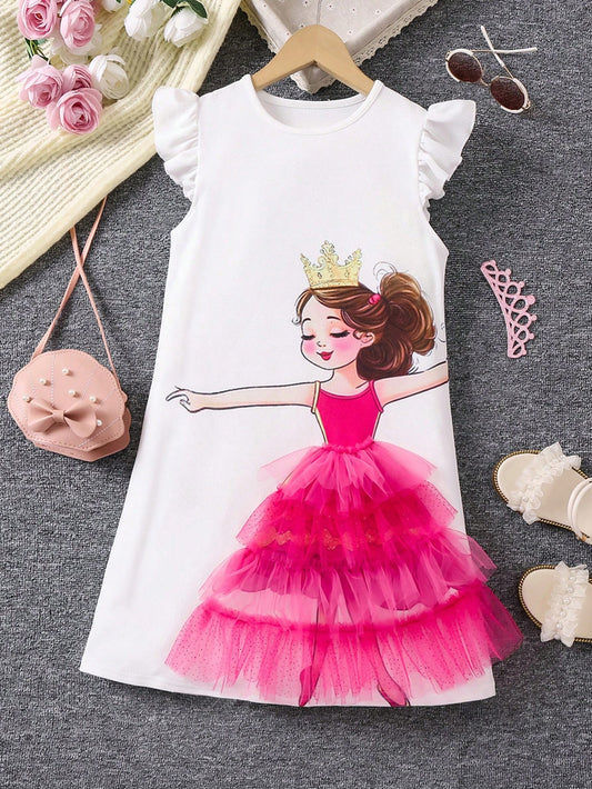 فستان انسيابي للفتاة الصغيرة بطبعة تاج وشخصية جذابة مع أكمام تحلق ،مصنوع من قماش الشبكة
