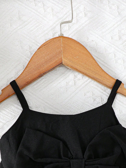 فستان ربطة عنق مزينة بالقوس و بدون أكمام بموحد اللون للفتيات الرضع لفصل الصيف