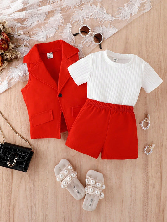 طقم تي شيرت وسترة وشورت مخطط أنيق عتيق اللون للفتيات الصغيرات