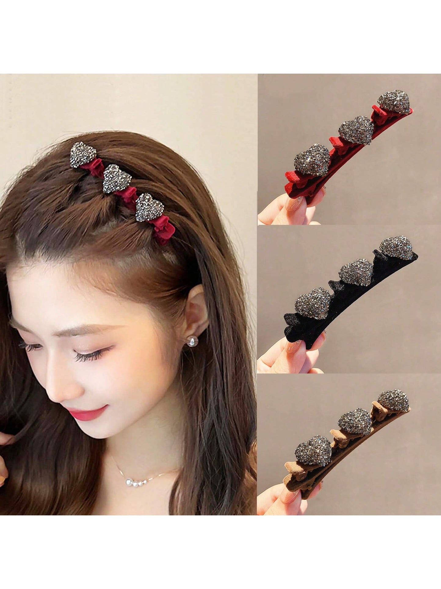 مشبك شعر جانبي كبسة قلب مرصع بالراينستون