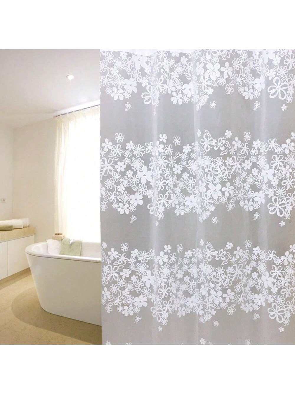 بطانة ستارة حمام بلاستيكية Peva بزهر أبيض للحمام بملحقات الحمام والغرفة. ومضادة للماء مع خطافات بلاستيكية وحلقات معدنية. دائمة ومتينة.