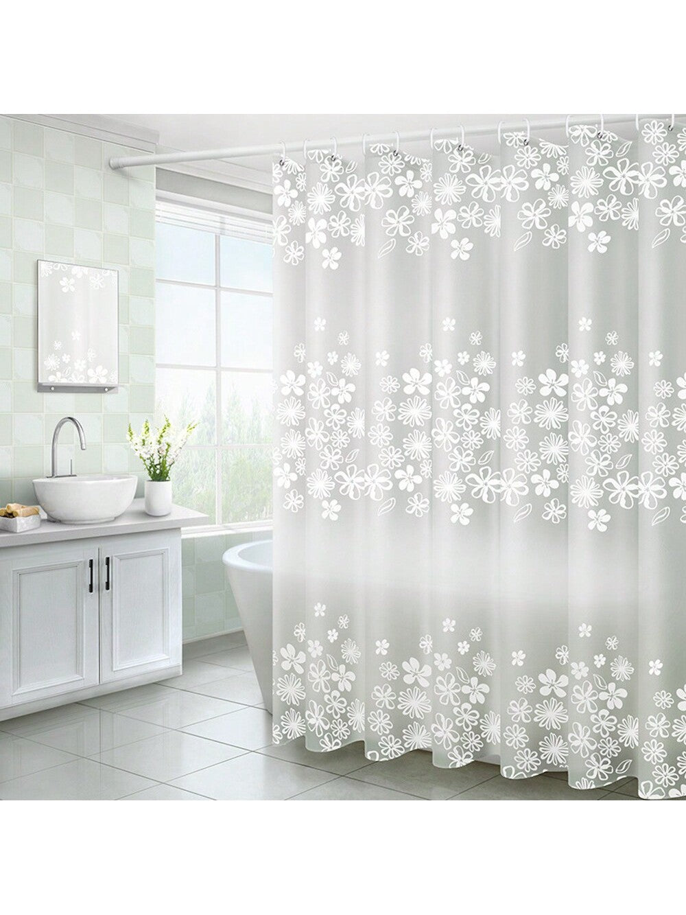 بطانة ستارة حمام بلاستيكية Peva بزهر أبيض للحمام بملحقات الحمام والغرفة. ومضادة للماء مع خطافات بلاستيكية وحلقات معدنية. دائمة ومتينة.