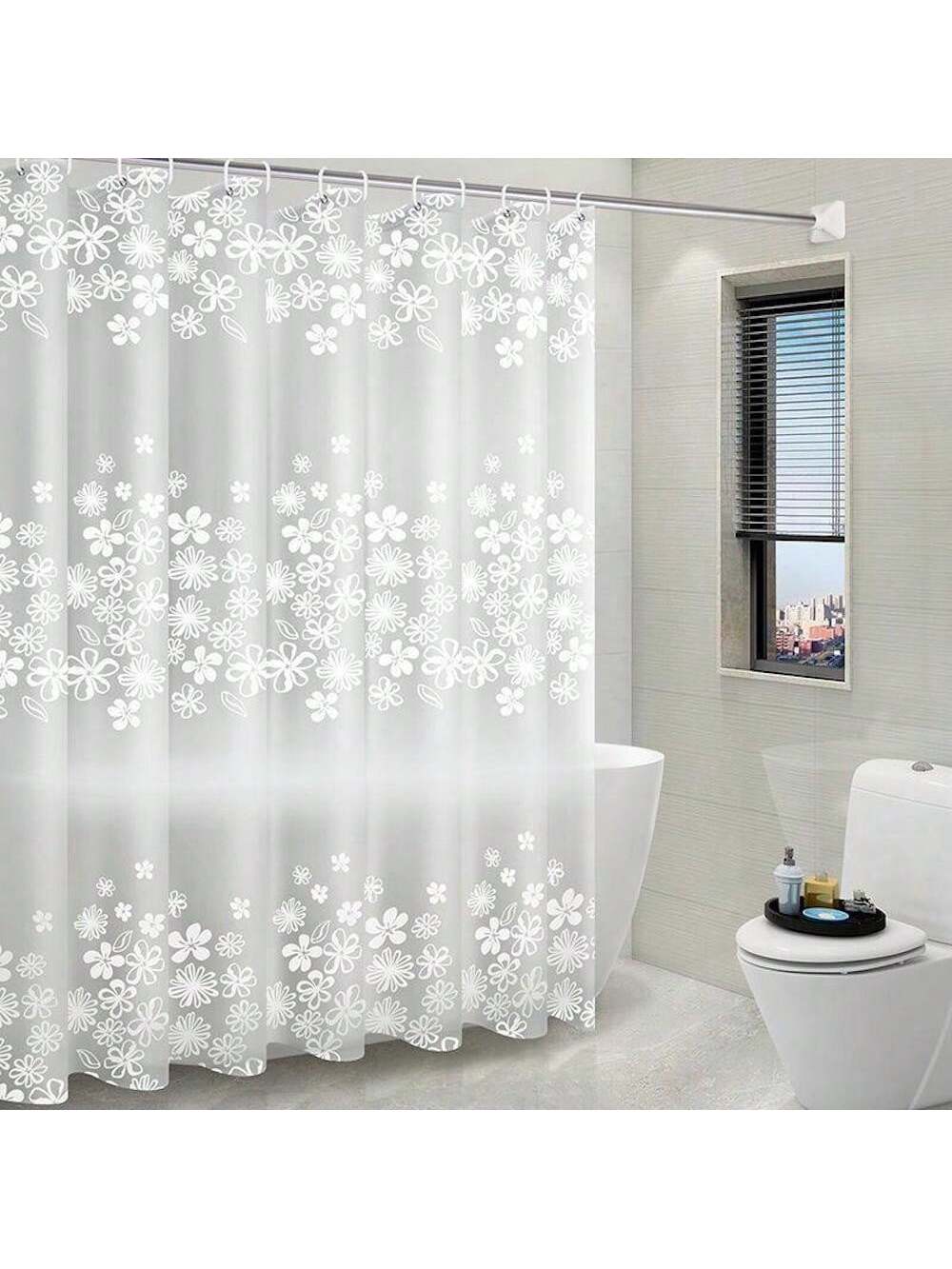 بطانة ستارة حمام بلاستيكية Peva بزهر أبيض للحمام بملحقات الحمام والغرفة. ومضادة للماء مع خطافات بلاستيكية وحلقات معدنية. دائمة ومتينة.