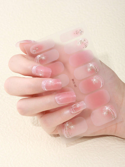 حزمة تغليف أظافر بزهرة الكرز الوردية 14قطعة بشريط ذهبي, يتضمن ملف أظافر قطعة واحدة, هدية رائعة للفتيات