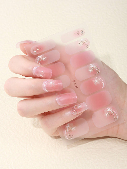 حزمة تغليف أظافر بزهرة الكرز الوردية 14قطعة بشريط ذهبي, يتضمن ملف أظافر قطعة واحدة, هدية رائعة للفتيات