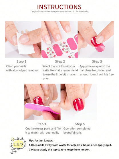 حزمة تغليف أظافر بزهرة الكرز الوردية 14قطعة بشريط ذهبي, يتضمن ملف أظافر قطعة واحدة, هدية رائعة للفتيات