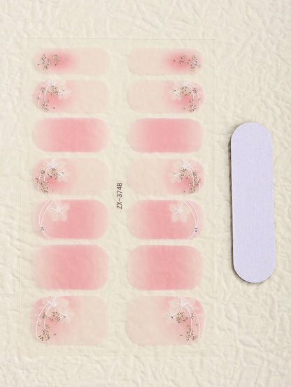 حزمة تغليف أظافر بزهرة الكرز الوردية 14قطعة بشريط ذهبي, يتضمن ملف أظافر قطعة واحدة, هدية رائعة للفتيات