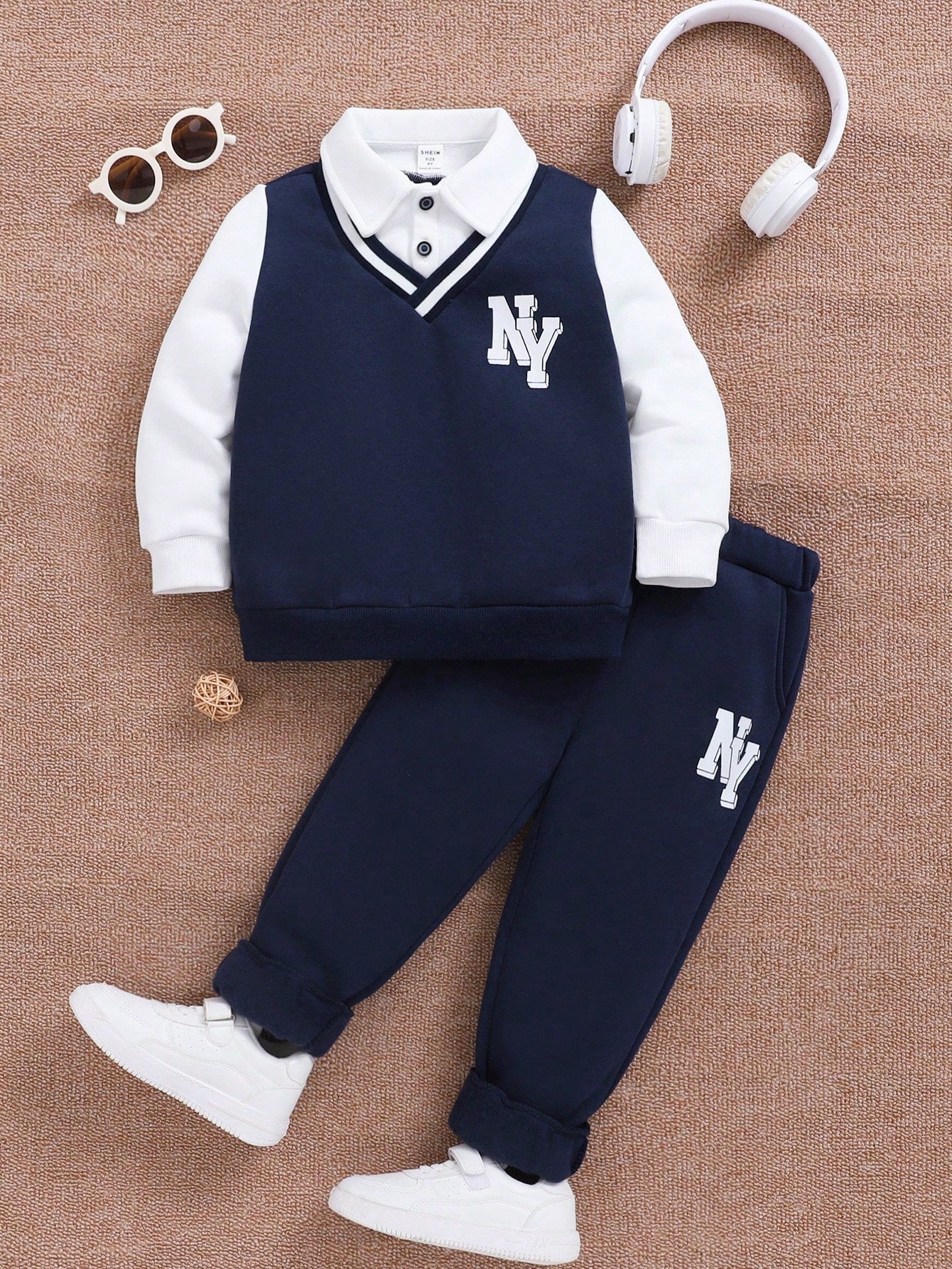 طقم قميص ثقيل بياقة وبنطلون من الفليس للشباب 2 قطعة, مُسمَّك