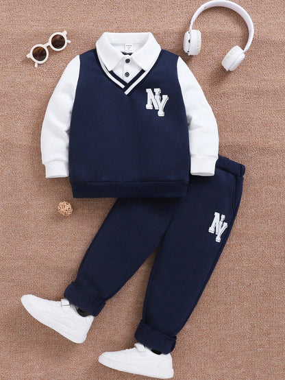 طقم قميص ثقيل بياقة وبنطلون من الفليس للشباب 2 قطعة, مُسمَّك