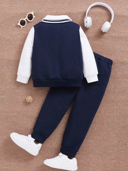 طقم قميص ثقيل بياقة وبنطلون من الفليس للشباب 2 قطعة, مُسمَّك