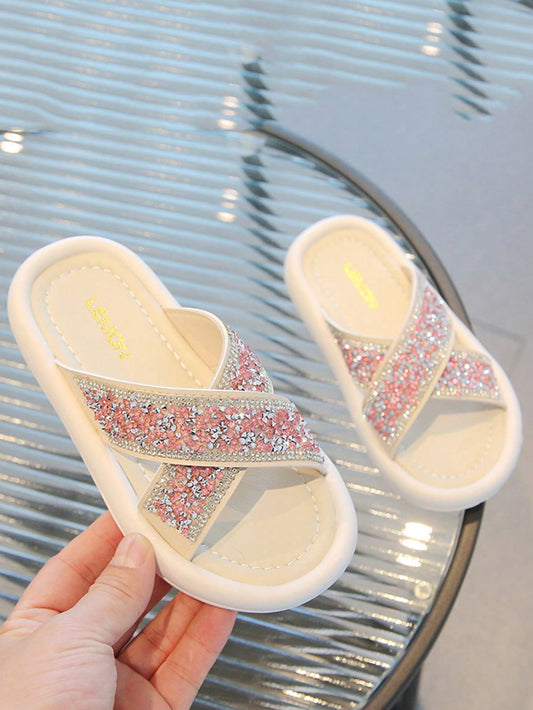 شبشب للأطفال بتصميم عصري و رائع ، بحزامين خفيف الوزن وتزيينات راينستون للفتيات الصغيرات ، مريح