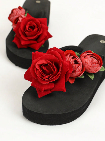 صندل شريحة عارضة للنساء مع زهرة حمراء القدمين، كعب مخروطي مريح ونعل ناعم للحذاء الشاطئ، نعل مانع للانزلاق في البيت