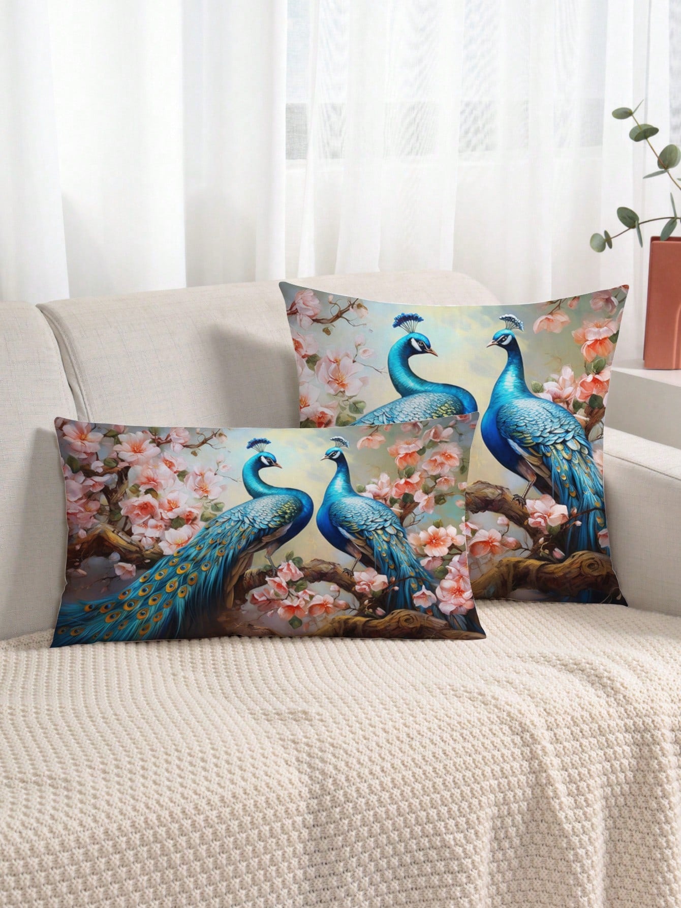 غطاء وسادة بنمط الطاووس قطعة واحدة، غطاء وسادة مزخرف بنمط الطباعة على القماش القطني المنسوج
