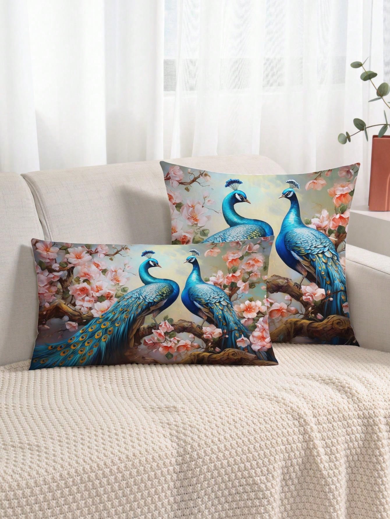 غطاء وسادة بنمط الطاووس قطعة واحدة، غطاء وسادة مزخرف بنمط الطباعة على القماش القطني المنسوج