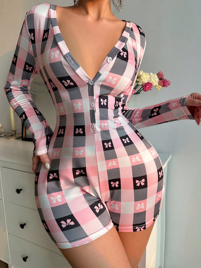 رومبير ملابس نوم نسائي مربعات مع طبعة عقدة