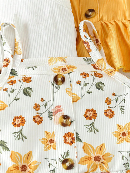 مجموعة من 3 قطع لطفلة بناتية تتألف من ملابس علوية بحمالات و طرحة بأزرار مزينة بطية