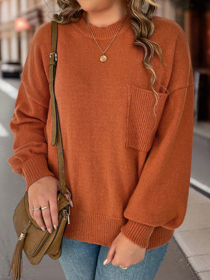 كنزة صوف منخفض الاكتاف جيب مرقع مقاس كبير