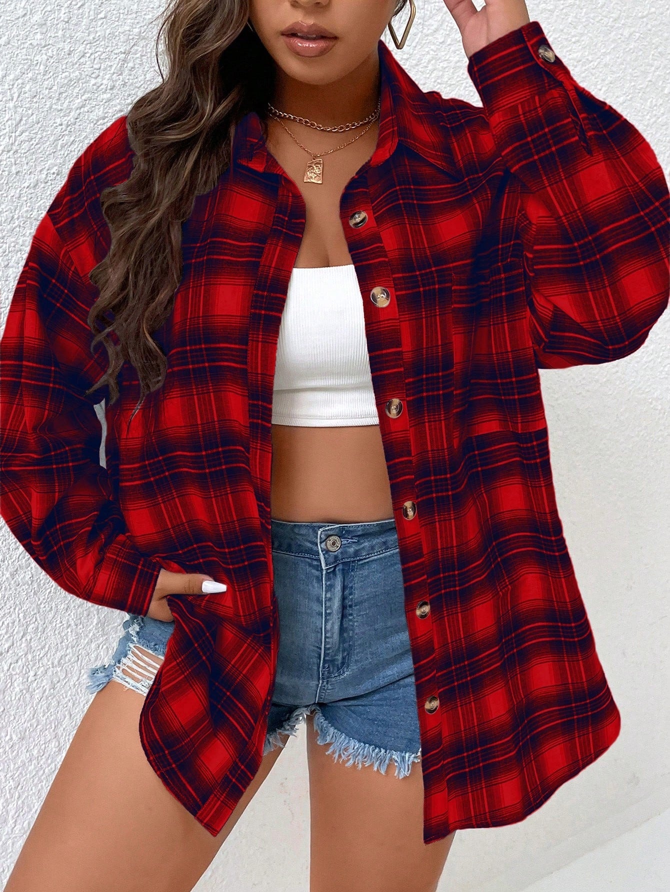 قميص طباعة مربع النقش منخفض الاكتاف مقاس كبير