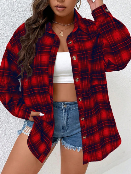 قميص طباعة مربع النقش منخفض الاكتاف مقاس كبير