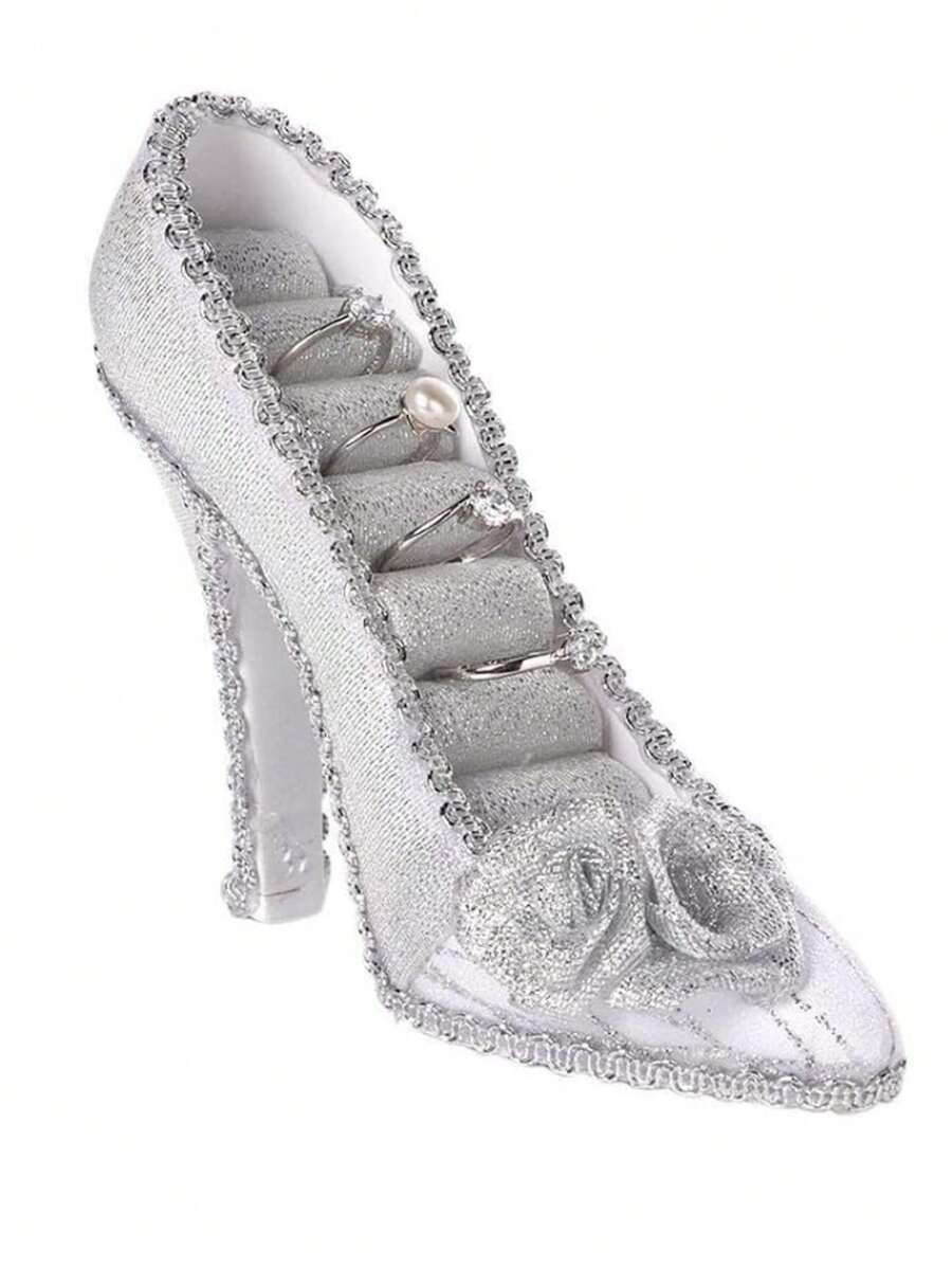 صندوق تخزين مجوهرات و حلقات على شكل حذاء كعب عالي فضي اللون