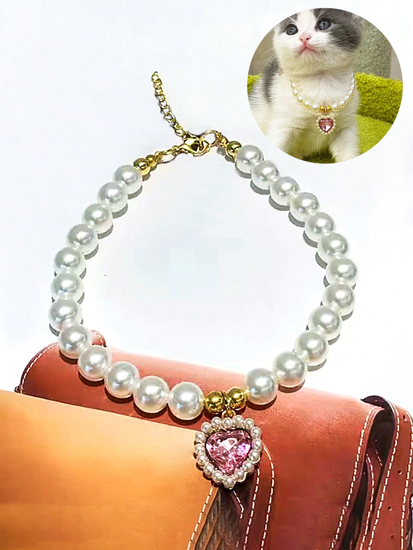 قلادة قلب الحيوانات الأليفة - طوق قابل للتعديل، يحتوي على لؤلؤ صناعي، يناسب الكلاب والقطط والحيوانات الصغيرة - إكسسوار عصري ومريح لحيوانك الأليف الحبيب
