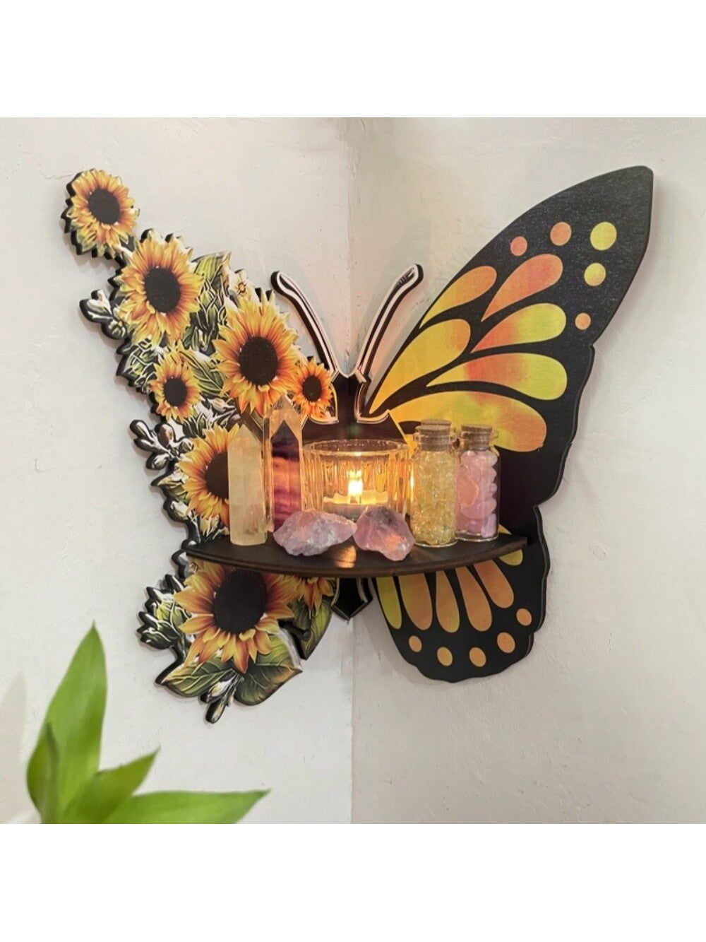 رف زاوية خشبي إبداعي للمنزل قطعة واحدة، تصميم فراشة وعباد الشمس الرائع الذي يخلق شعورًا جميلاً، حامل تخزين