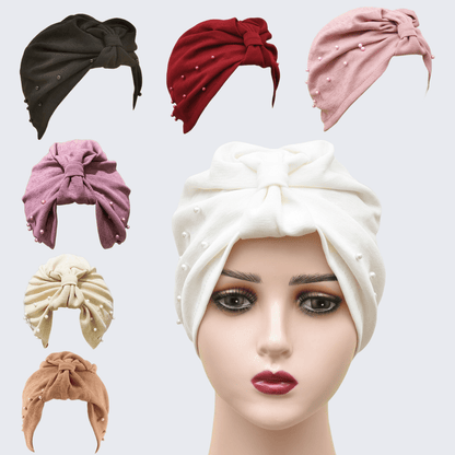 قطعة واحدة من قبعة عصابة الرأس مرصعة باللؤلؤ بلون سادة للسيدات، قبعة عمامة مرنة قابلة للتنفس بدون حافة، قبعة صغيرة مريحة ناعمة للاستخدام في الهواء الطلق والعادية