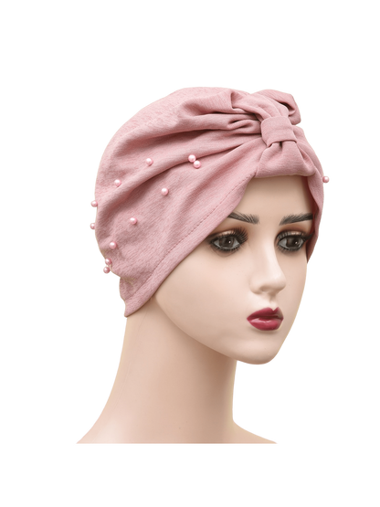 قطعة واحدة من قبعة عصابة الرأس مرصعة باللؤلؤ بلون سادة للسيدات، قبعة عمامة مرنة قابلة للتنفس بدون حافة، قبعة صغيرة مريحة ناعمة للاستخدام في الهواء الطلق والعادية
