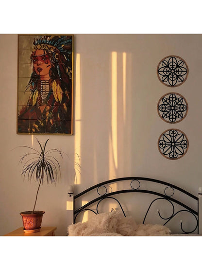 3 عبوات ديكور جداري ريفي لوحة جدارية دائرية هندسية بإطار خشبي ديكور معلق فارم هاوس للمنزل الشقة غرفة النوم غرفة المعيشة السكن الطلابي ، ديكور حائط معلق ريفي دائري