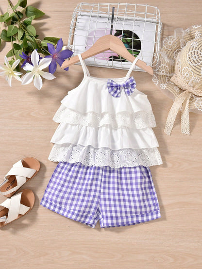 مجموعة القميص بدون أكمام البنات الصغيرات بتصميم الكشكشة الجذابة بقوس و ملابس السراويل بنمط المربعات