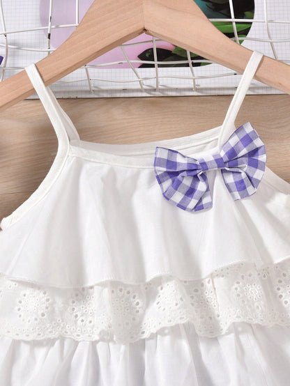 مجموعة القميص بدون أكمام البنات الصغيرات بتصميم الكشكشة الجذابة بقوس و ملابس السراويل بنمط المربعات