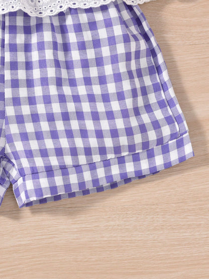 مجموعة القميص بدون أكمام البنات الصغيرات بتصميم الكشكشة الجذابة بقوس و ملابس السراويل بنمط المربعات