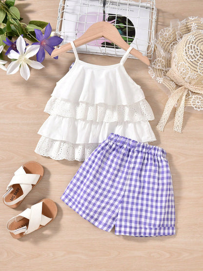 مجموعة القميص بدون أكمام البنات الصغيرات بتصميم الكشكشة الجذابة بقوس و ملابس السراويل بنمط المربعات