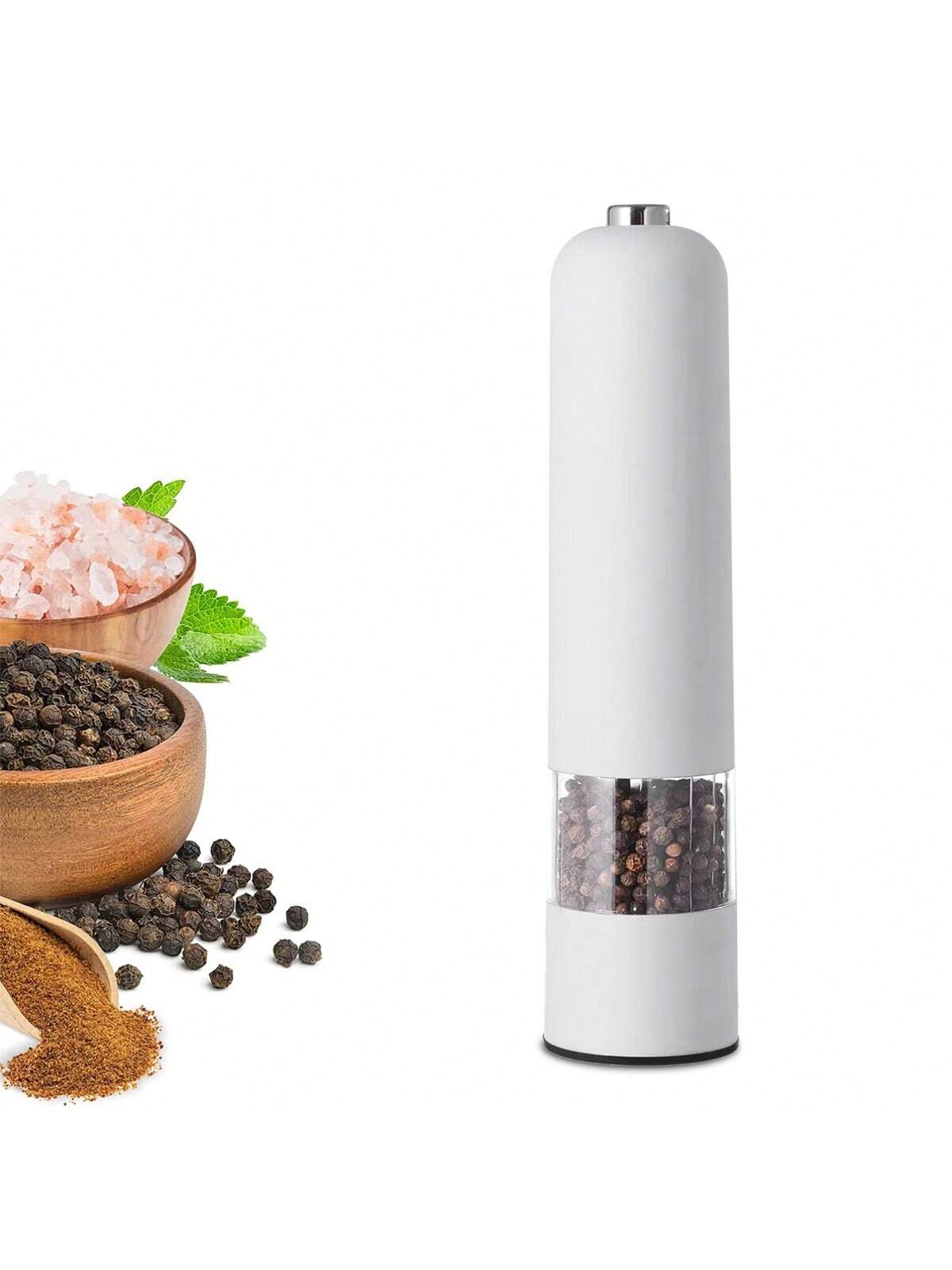 قطعة واحدة من مطحنة الملح والفلفل الكهربائية التي تعمل بالبطارية (البطارية غير متضمنة)، مسند مطحنة مجاني، تشغيل تلقائي بيد واحدة، خشونة قابلة للتعديل، مطحنة توابل أوتوماتيكية مع خشونة قابلة للتعديل، مثالية للطهي المنزلي والشواء، أبيض
