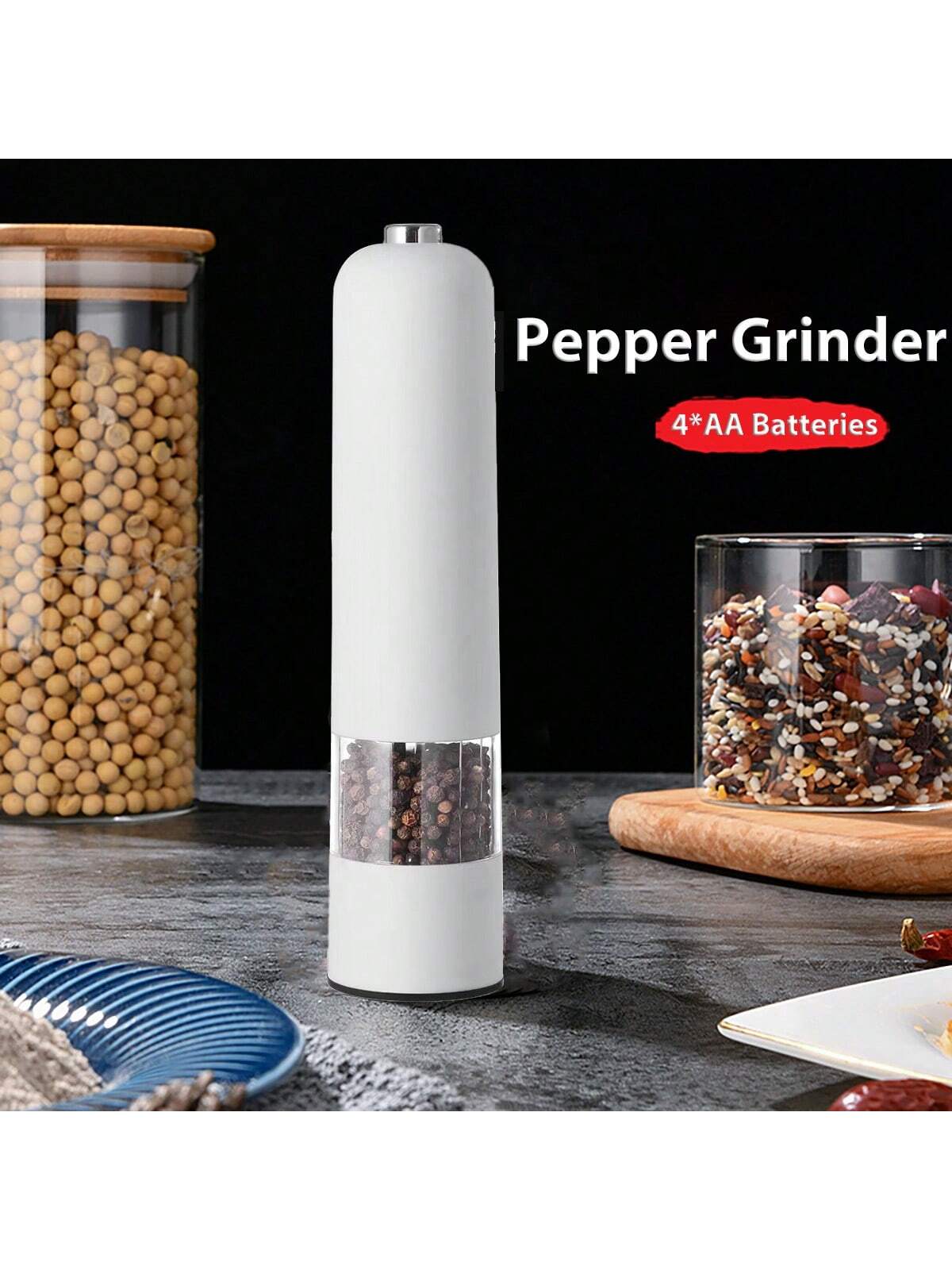 قطعة واحدة من مطحنة الملح والفلفل الكهربائية التي تعمل بالبطارية (البطارية غير متضمنة)، مسند مطحنة مجاني، تشغيل تلقائي بيد واحدة، خشونة قابلة للتعديل، مطحنة توابل أوتوماتيكية مع خشونة قابلة للتعديل، مثالية للطهي المنزلي والشواء، أبيض