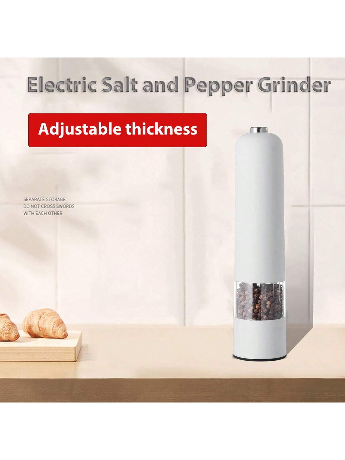 قطعة واحدة من مطحنة الملح والفلفل الكهربائية التي تعمل بالبطارية (البطارية غير متضمنة)، مسند مطحنة مجاني، تشغيل تلقائي بيد واحدة، خشونة قابلة للتعديل، مطحنة توابل أوتوماتيكية مع خشونة قابلة للتعديل، مثالية للطهي المنزلي والشواء، أبيض