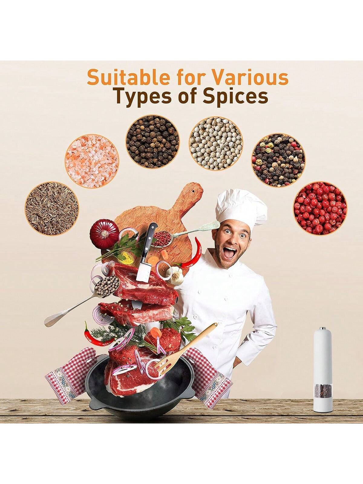 قطعة واحدة من مطحنة الملح والفلفل الكهربائية التي تعمل بالبطارية (البطارية غير متضمنة)، مسند مطحنة مجاني، تشغيل تلقائي بيد واحدة، خشونة قابلة للتعديل، مطحنة توابل أوتوماتيكية مع خشونة قابلة للتعديل، مثالية للطهي المنزلي والشواء، أبيض