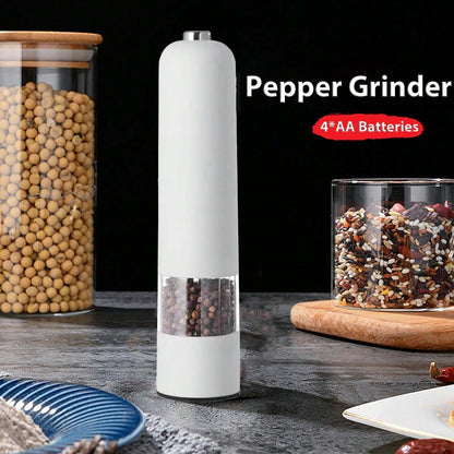 قطعة واحدة من مطحنة الملح والفلفل الكهربائية التي تعمل بالبطارية (البطارية غير متضمنة)، مسند مطحنة مجاني، تشغيل تلقائي بيد واحدة، خشونة قابلة للتعديل، مطحنة توابل أوتوماتيكية مع خشونة قابلة للتعديل، مثالية للطهي المنزلي والشواء، أبيض