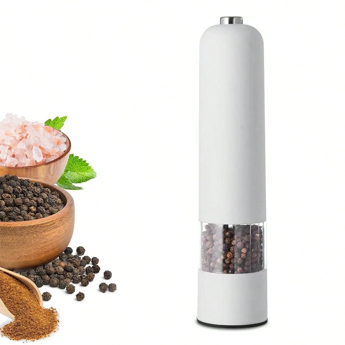 قطعة واحدة من مطحنة الملح والفلفل الكهربائية التي تعمل بالبطارية (البطارية غير متضمنة)، مسند مطحنة مجاني، تشغيل تلقائي بيد واحدة، خشونة قابلة للتعديل، مطحنة توابل أوتوماتيكية مع خشونة قابلة للتعديل، مثالية للطهي المنزلي والشواء، أبيض