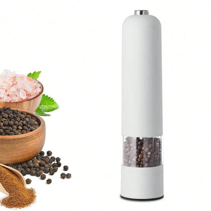 قطعة واحدة من مطحنة الملح والفلفل الكهربائية التي تعمل بالبطارية (البطارية غير متضمنة)، مسند مطحنة مجاني، تشغيل تلقائي بيد واحدة، خشونة قابلة للتعديل، مطحنة توابل أوتوماتيكية مع خشونة قابلة للتعديل، مثالية للطهي المنزلي والشواء، أبيض