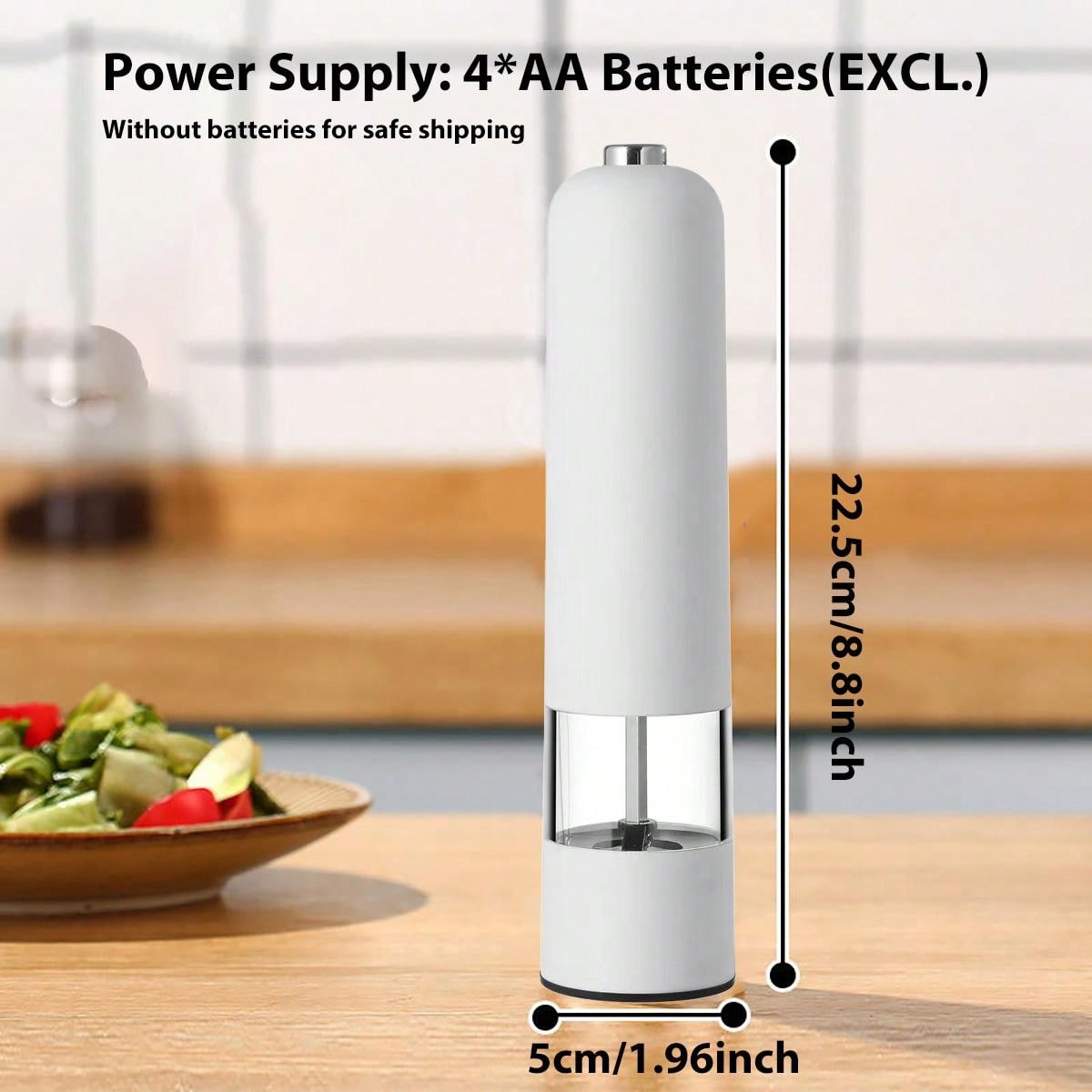 قطعة واحدة من مطحنة الملح والفلفل الكهربائية التي تعمل بالبطارية (البطارية غير متضمنة)، مسند مطحنة مجاني، تشغيل تلقائي بيد واحدة، خشونة قابلة للتعديل، مطحنة توابل أوتوماتيكية مع خشونة قابلة للتعديل، مثالية للطهي المنزلي والشواء، أبيض