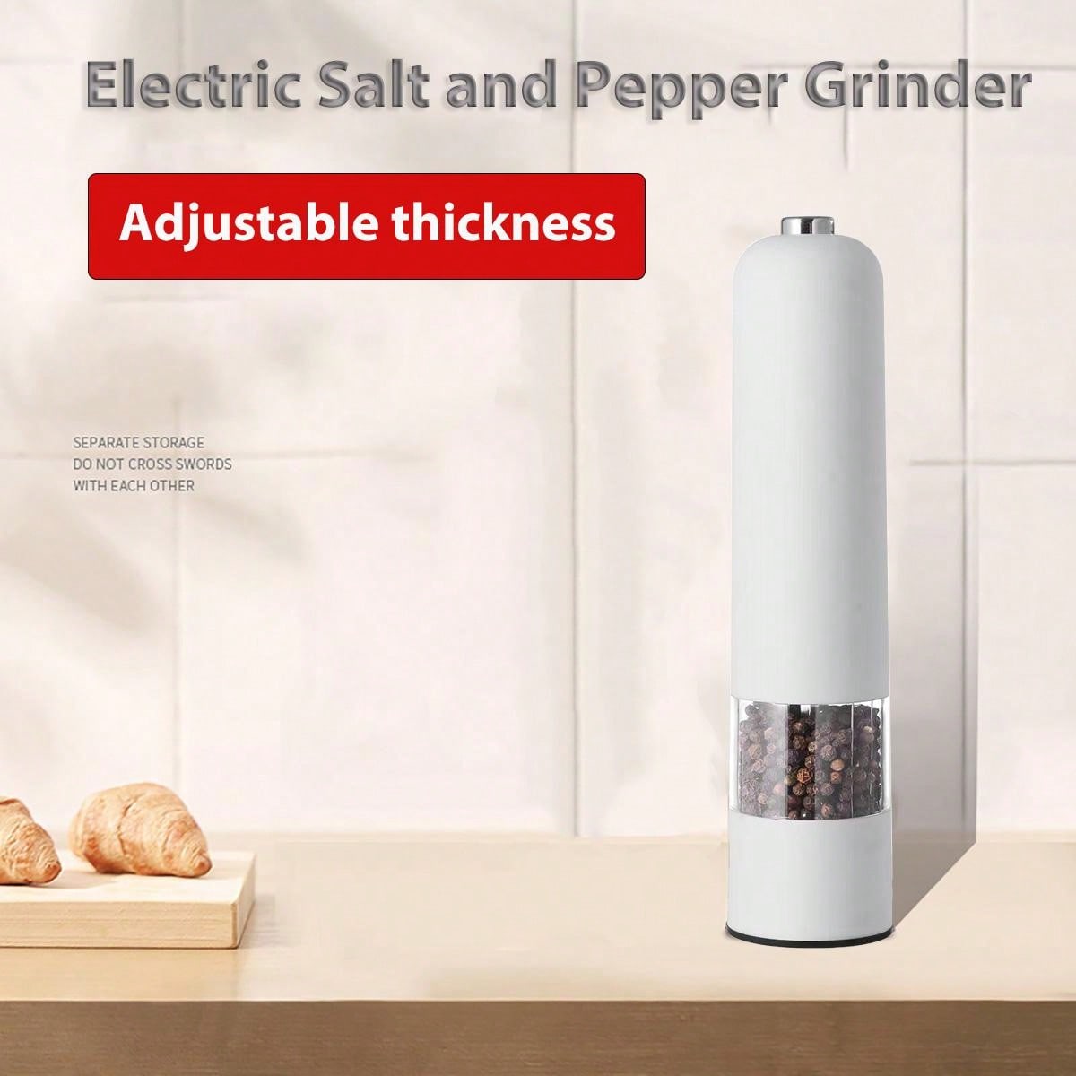 قطعة واحدة من مطحنة الملح والفلفل الكهربائية التي تعمل بالبطارية (البطارية غير متضمنة)، مسند مطحنة مجاني، تشغيل تلقائي بيد واحدة، خشونة قابلة للتعديل، مطحنة توابل أوتوماتيكية مع خشونة قابلة للتعديل، مثالية للطهي المنزلي والشواء، أبيض