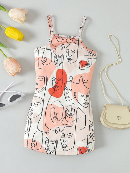 فستان بدون أكمام مطبوع يصور وجهاً تجريدياً لطفلة