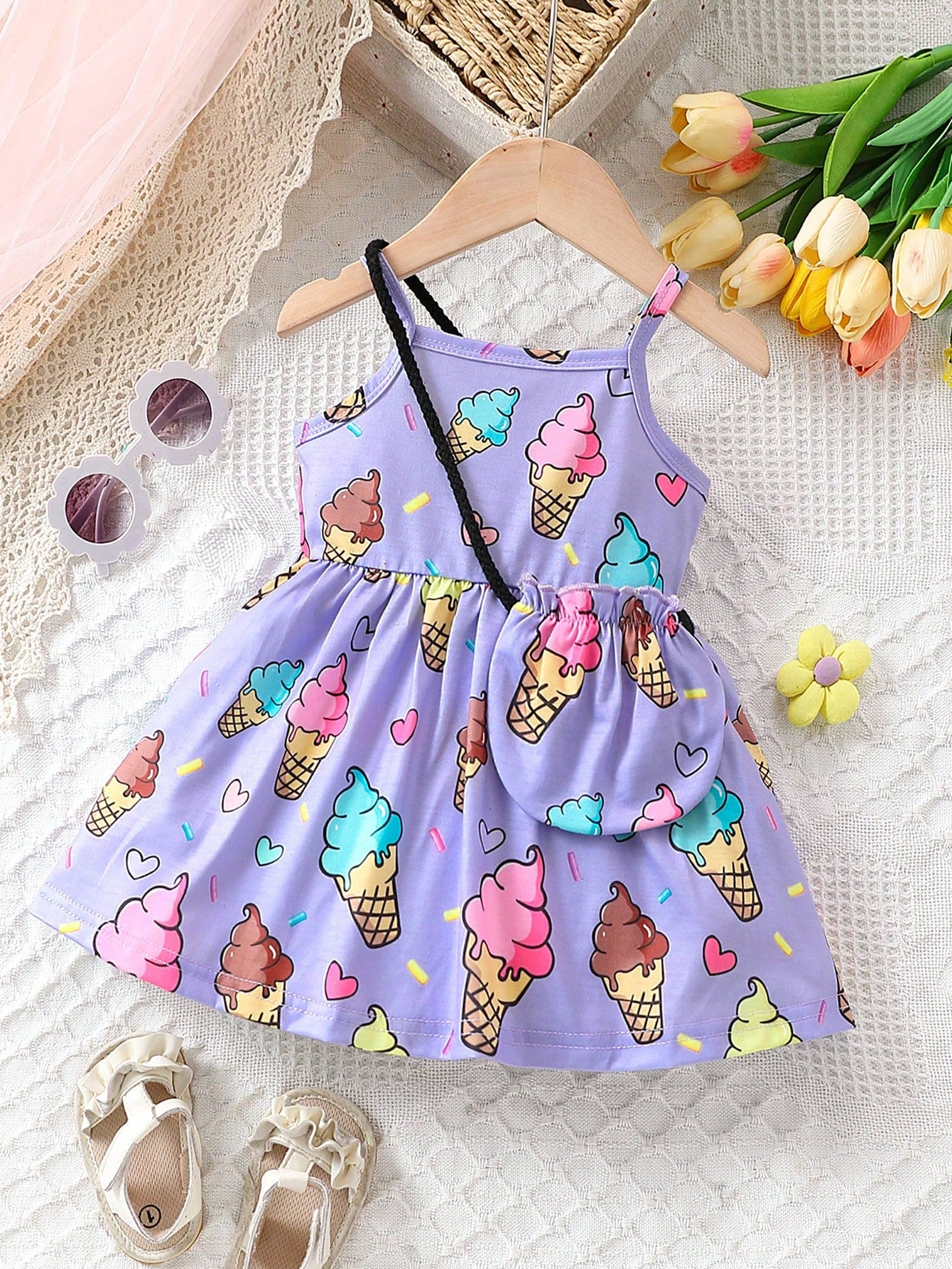 فستان بدون أكمام مناسب لفتاة الأطفال بطبعة جميلة للآيس كريم مع حقيبة ،ربيع/صيف