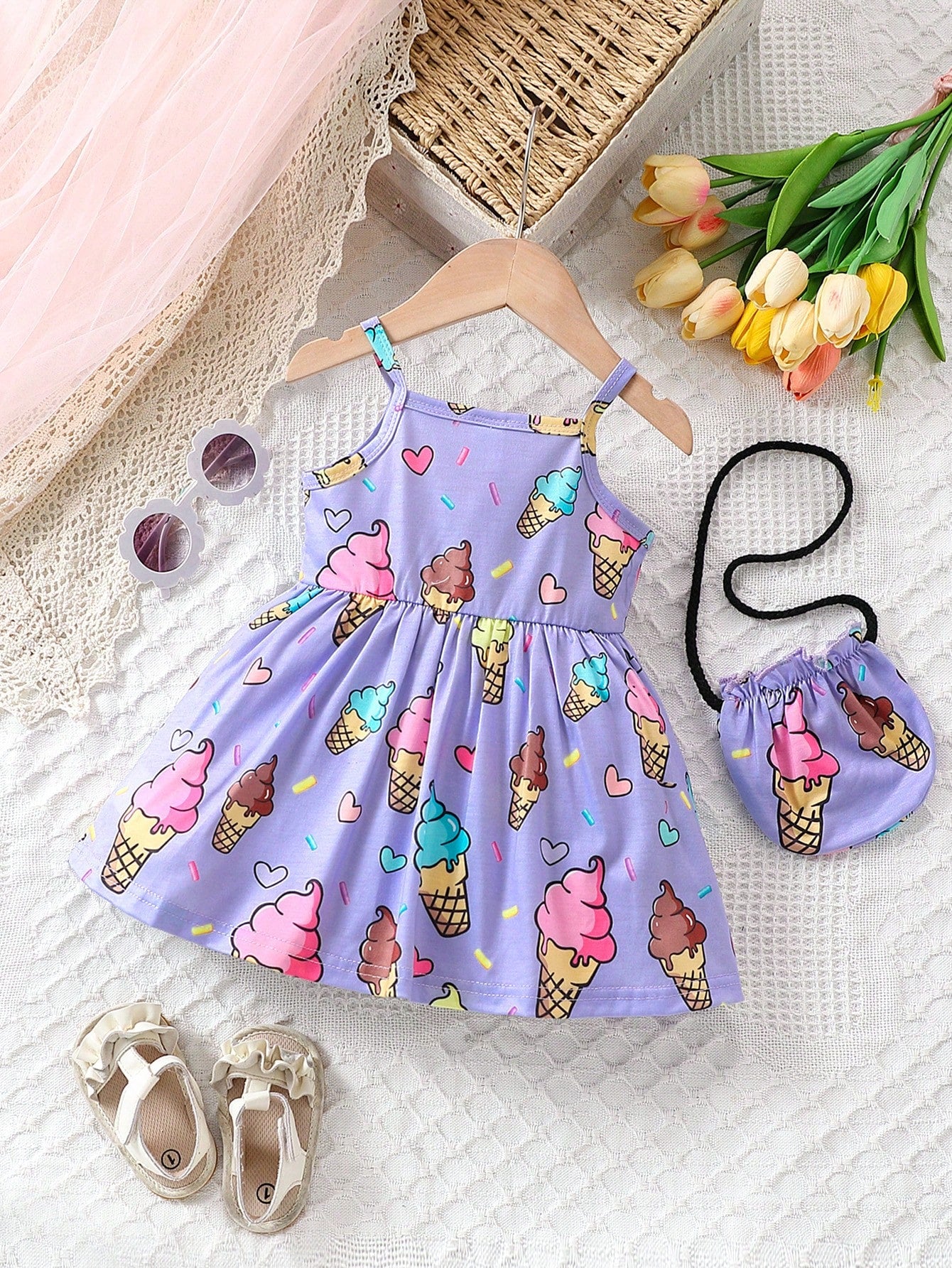 فستان بدون أكمام مناسب لفتاة الأطفال بطبعة جميلة للآيس كريم مع حقيبة ،ربيع/صيف